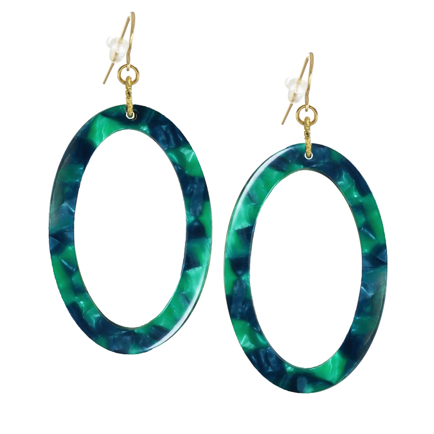 Green & Navy Blue Oval Acrylic Boho Statement Earrings, 18K Gold Ear Wires