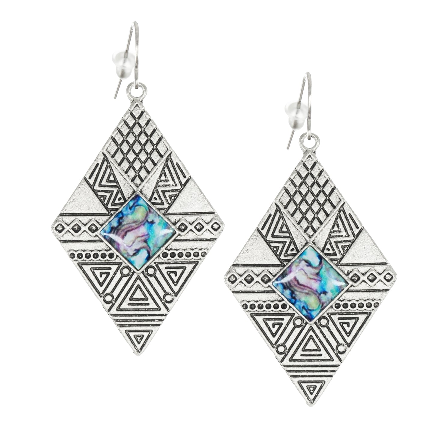 Aztec Inspired Silver Diamond Shape Blue Inlay Statement Earrings, Platinum Ear Wires