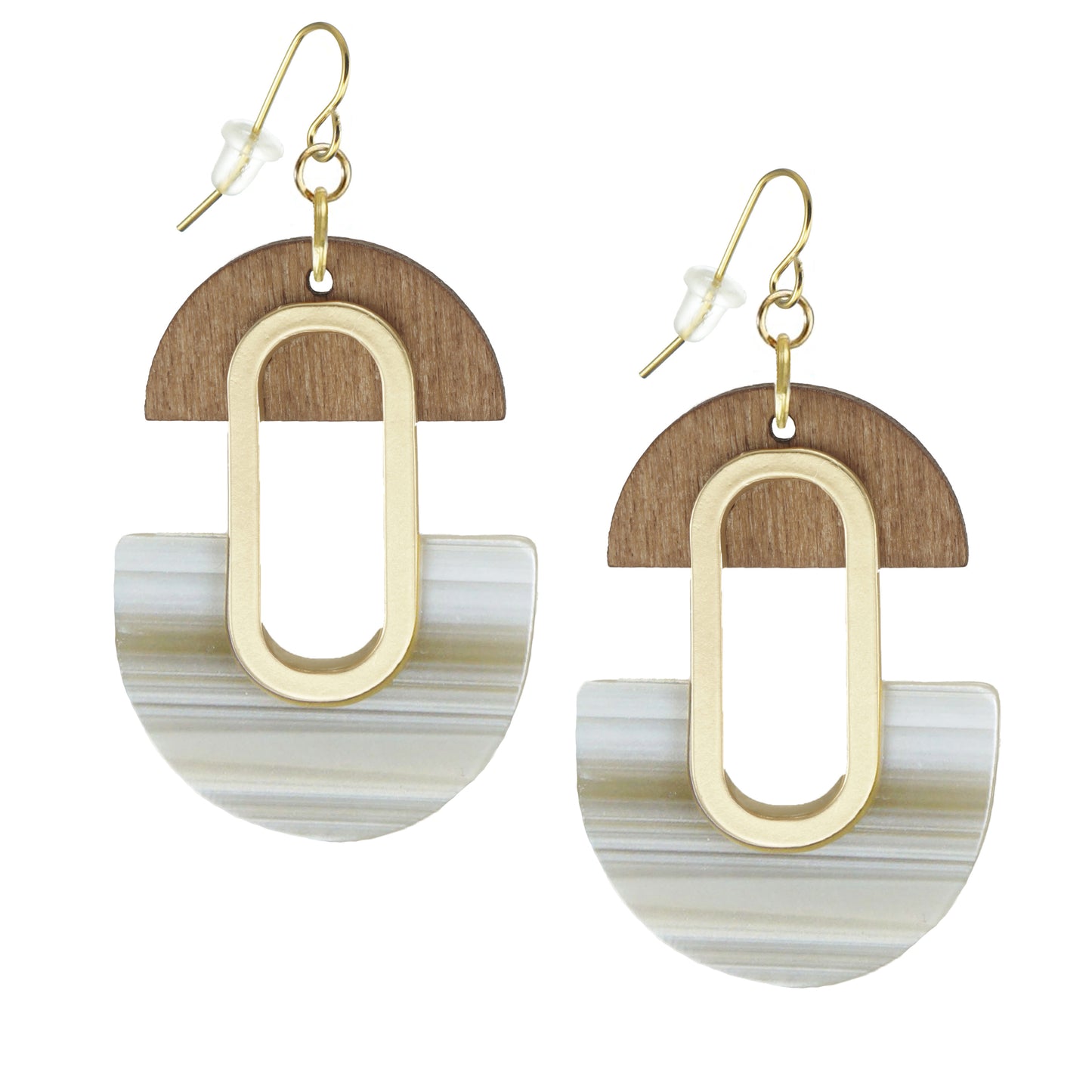 Bohemian Neutral Beige Acrylic and Brown Wood Earrings, 18K Gold Ear Wires