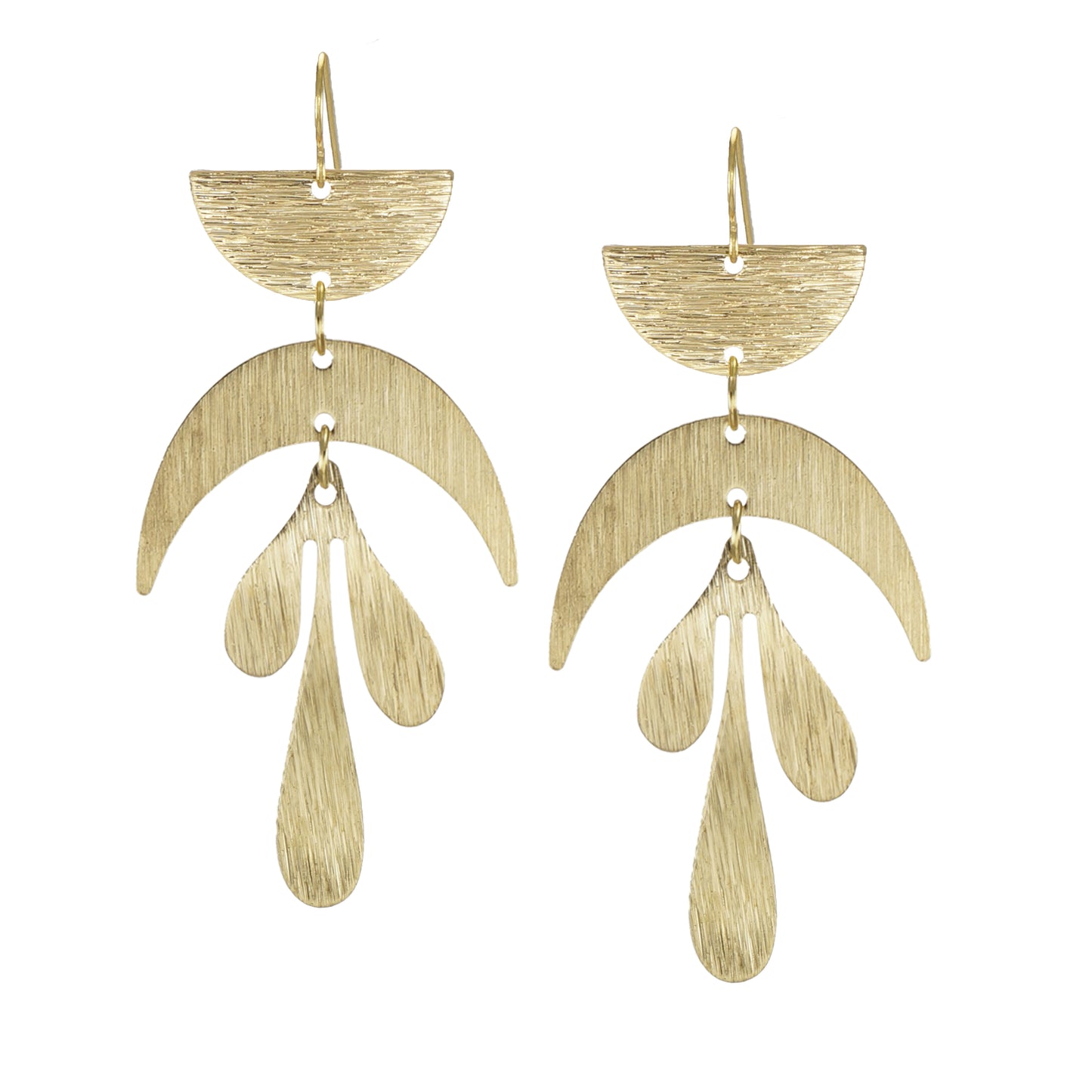 Beautiful Brushed Gold Celestial Moon Abstract Boho Statement Earrings, 18k Gold Ear Wires