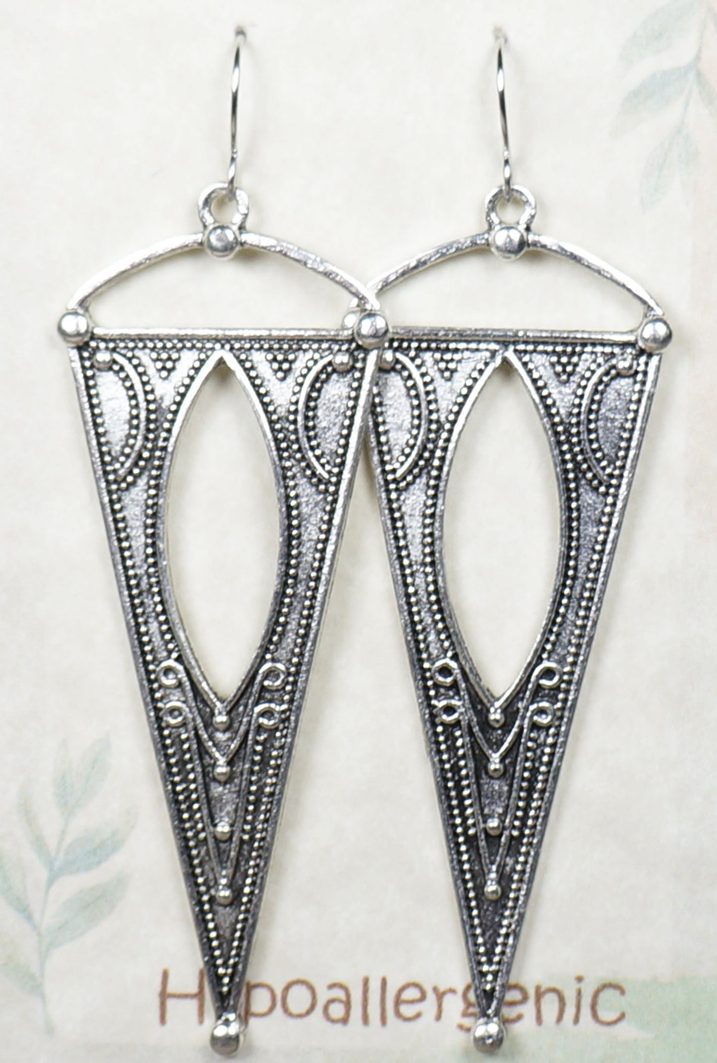 Silver Triangle Western Inspired Long Boho Statement Earrings, Hypoallergenic Platinum Ear Wires