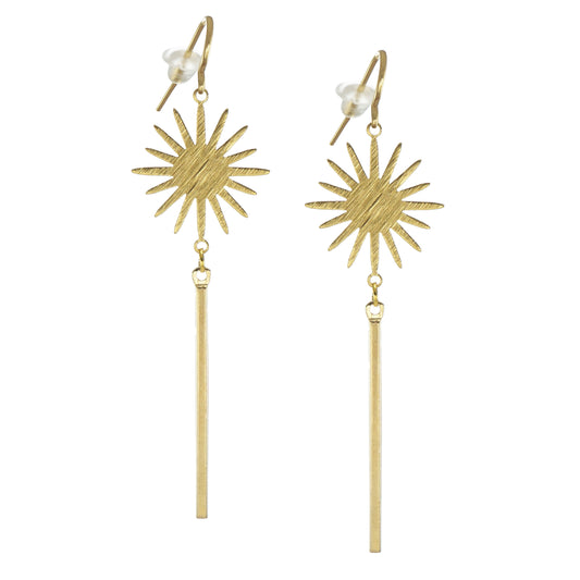 Celestial Brushed Gold Star Long Minimalist Dangle Earrings, 18K Gold Ear Wires