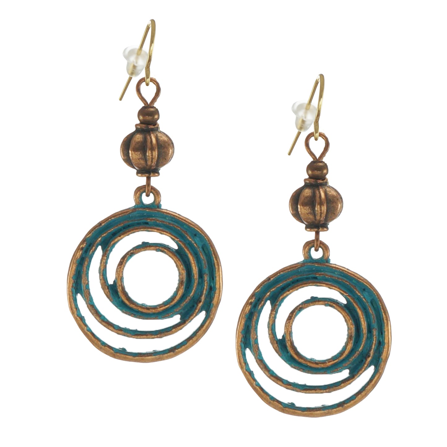 Rustic Copper Patina Hoop Beaded Earrings, 18K Gold Ear Wires