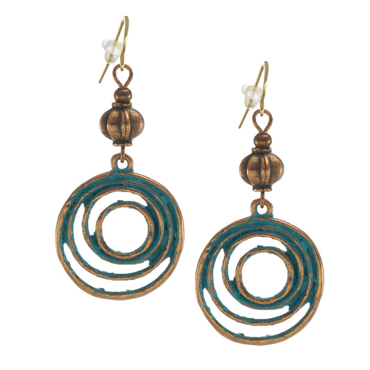 Rustic Copper Patina Hoop Beaded Earrings, 18K Gold Ear Wires