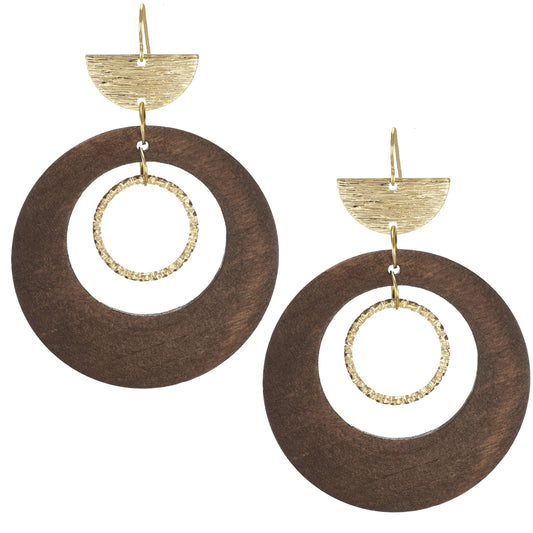 Brown Wood Donut and Gold Boho Earrings, 18K Gold Ear Wires
