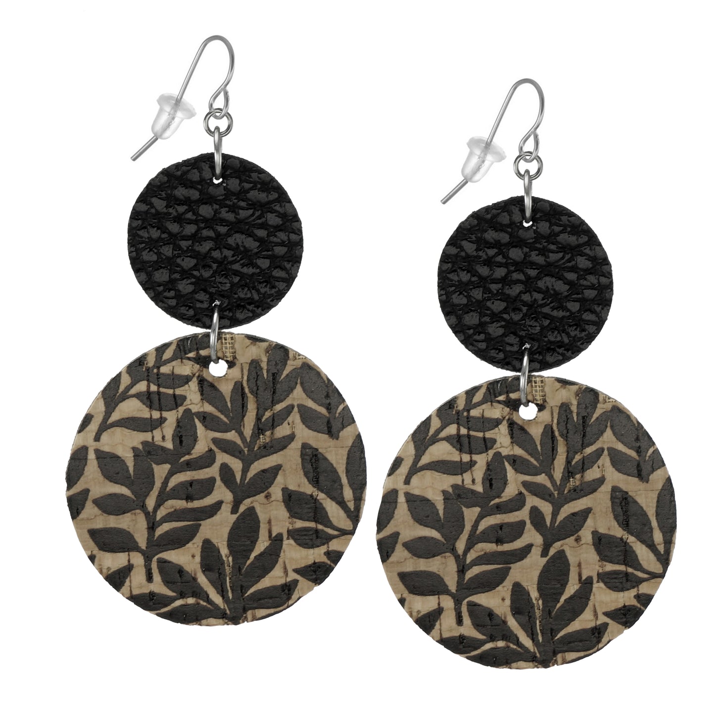 Beautiful Black Faux Leather and Tan Leaf Pattern Cork Drops Boho Statement  Earrings, Platinum Ear Wires, Gift for Her