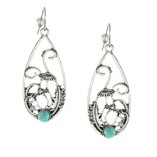 Silver Leaves with Mushrooms and Turquoise Boho Teardrop Statement Earrings, Platinum Ear Wires