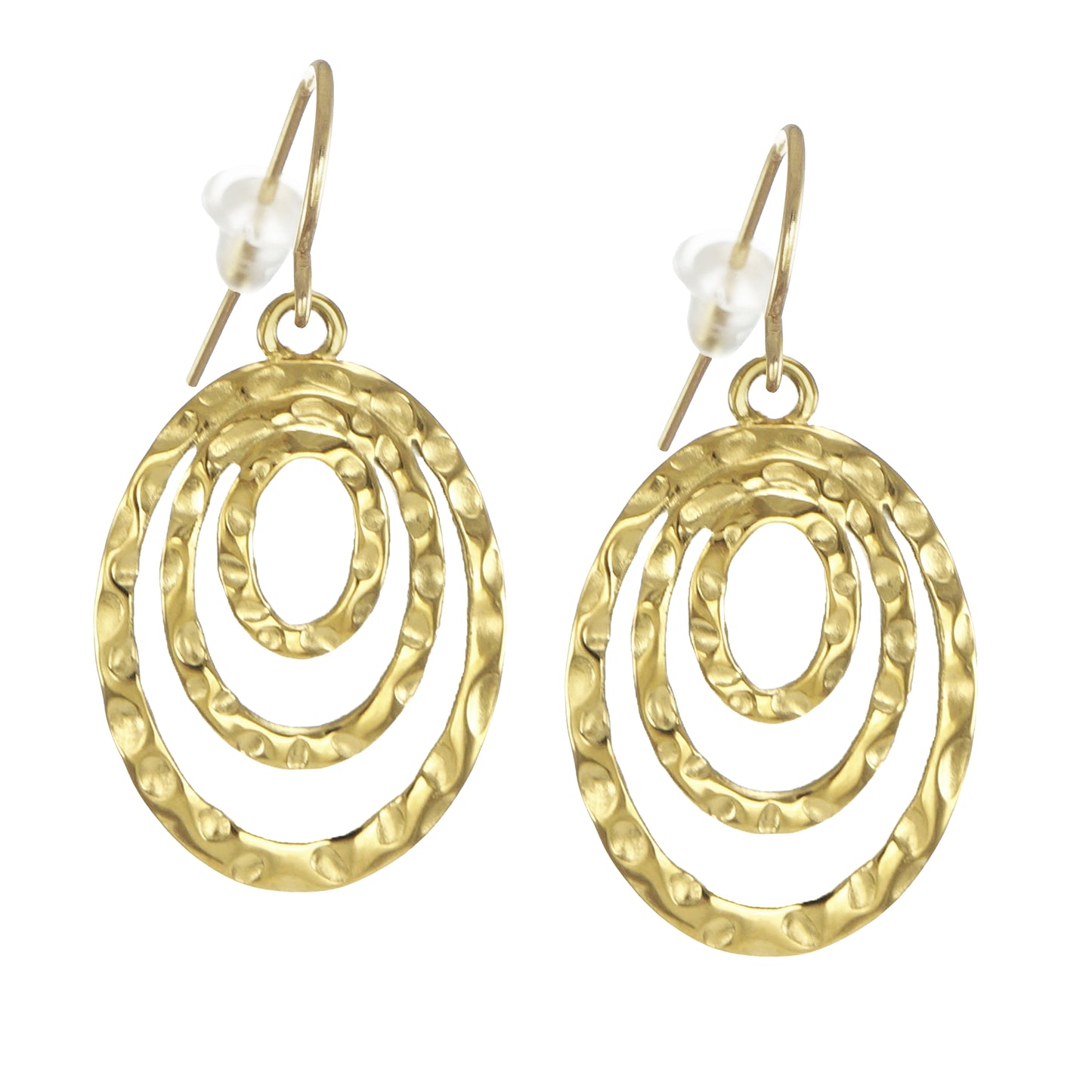 Gold or Silver Triple Hammered Hoop Minimalist Boho Dangle Earrings, Hypoallergenic Ear Wires