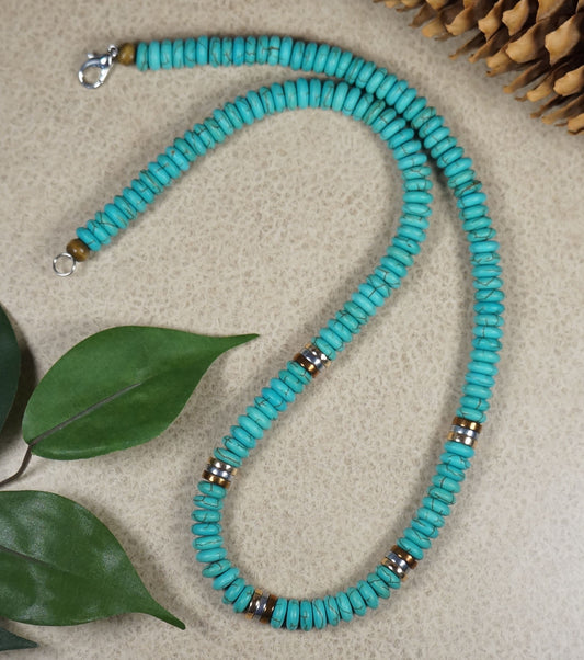 Unique Unisex Turquoise Gemstone Beaded Necklace, Tri Color Hematite Spacers, Unique Handmade Beaded Necklace, Length Choices, Gift for Him or Her