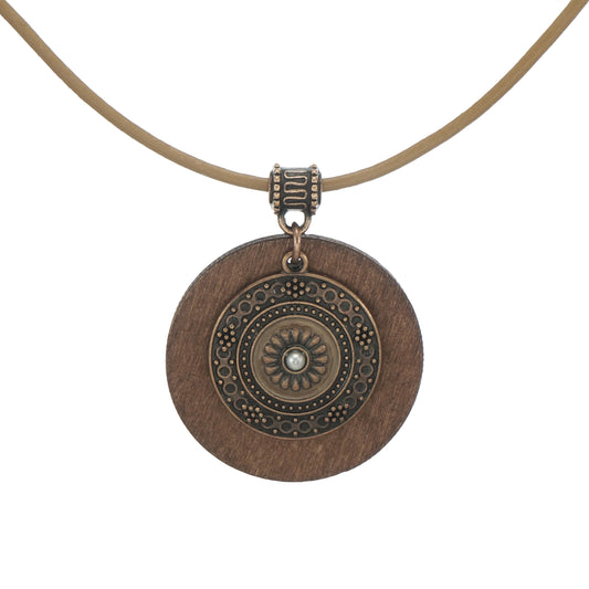 Boho Vintage Style Copper Patina Medallion and Wood and Tan Leather Cord Necklace - Length Choices