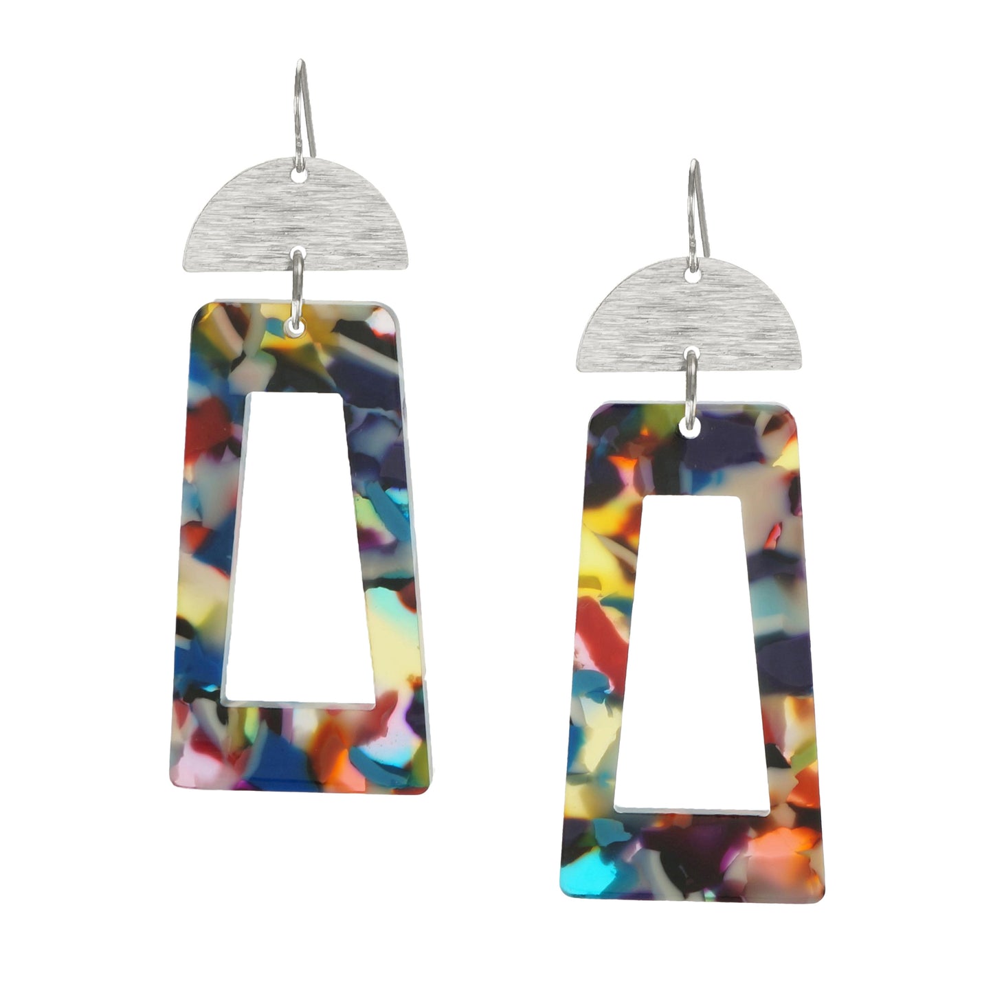 Vibrant Confetti Rectangle & Brushed Half Moon Boho Statement Earrings, Platinum Wires, Color Choice