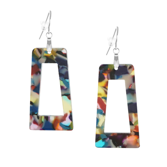 Vibrant Rectangle Multi, Red or Black Acrylic Boho Statement Earrings, Hypoallergenic Platinum Ear Wires