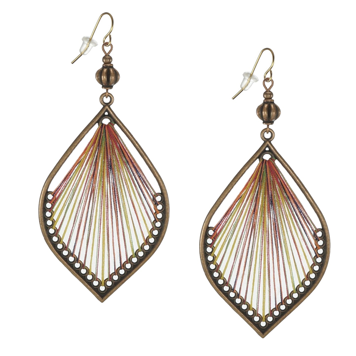 Boho Multi Colored Teardrop Thread and Copper Rustic Ethnic Statement Earrings, 18K Gold Earwires