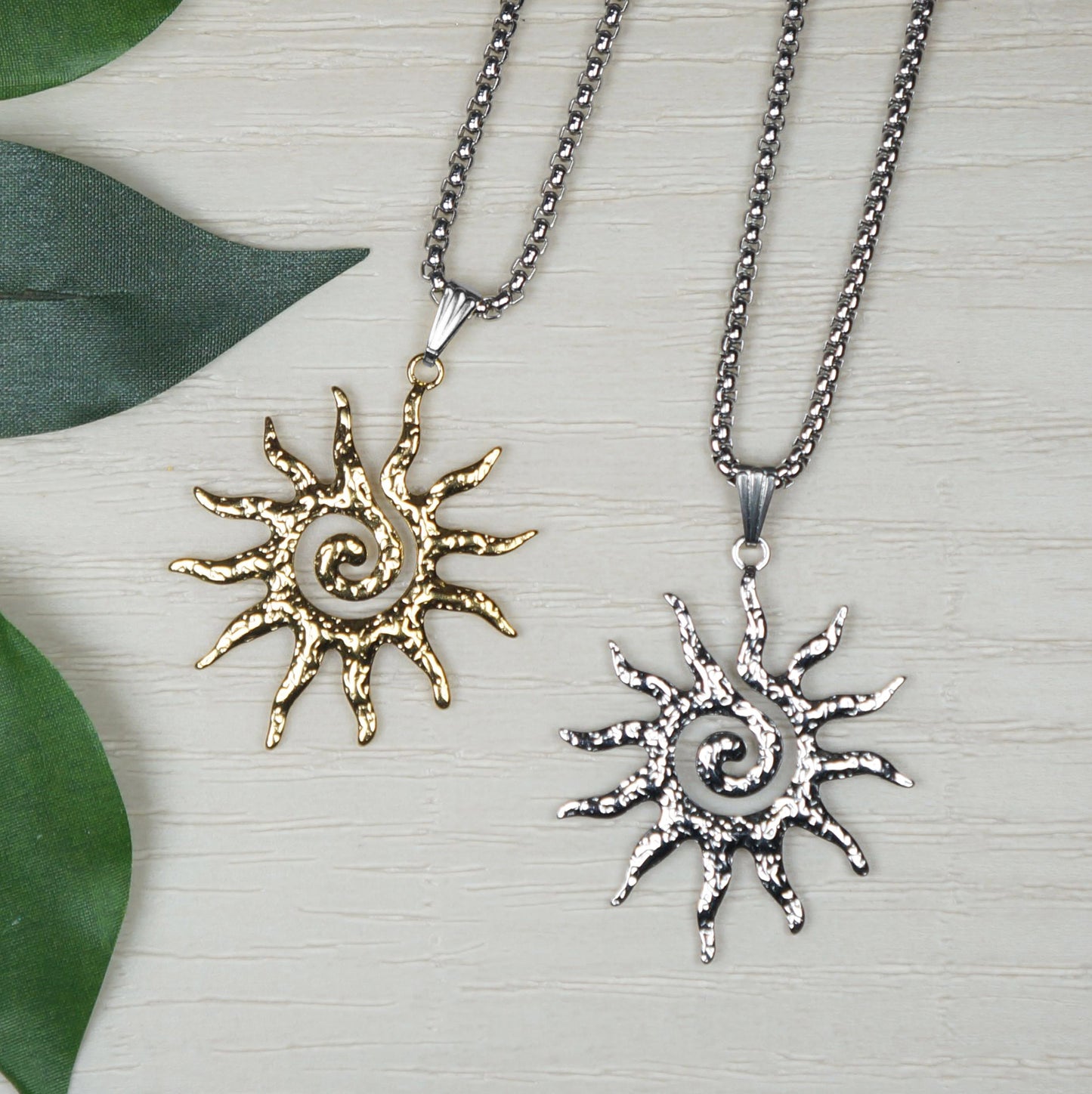 Unisex Stainless Steel Boho Sun God Necklace, Gold or Silver Sun, 18 or 20 inch