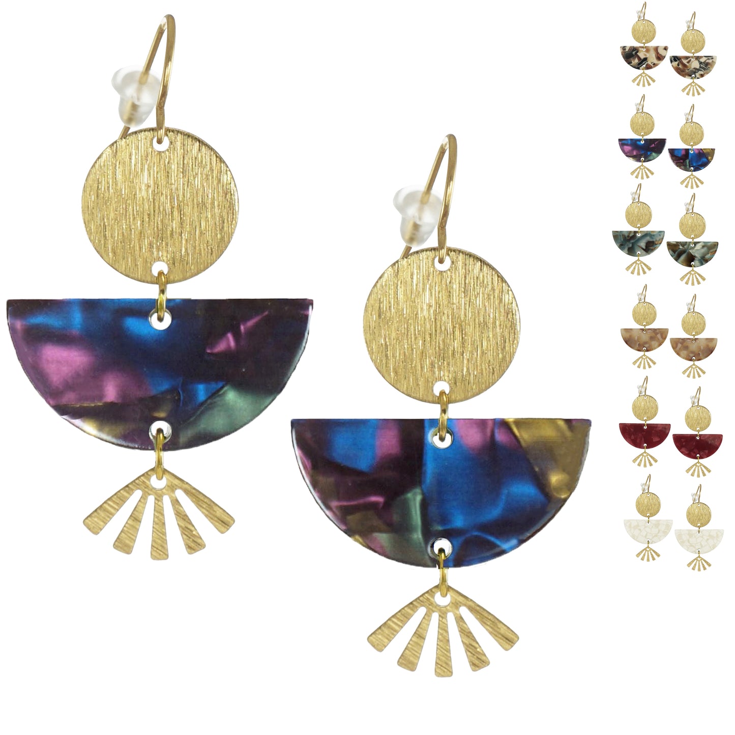 Multi Color Acrylic Boho Statement Earrings, 18K Gold Ear Wires, Color Choices