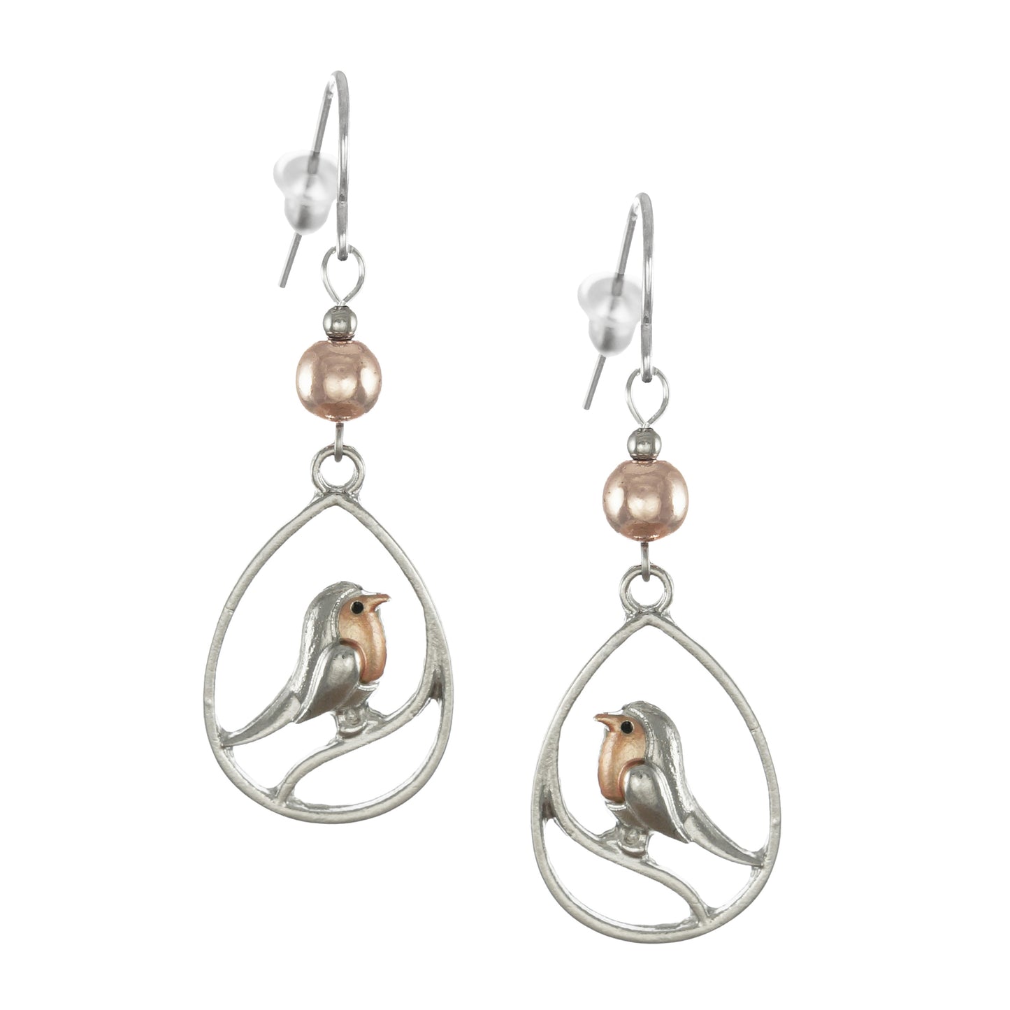Silver Bird Branch Teardrop and Rose Gold Minimalist Beaded Dangle Earrings, Platinum Ear Wires