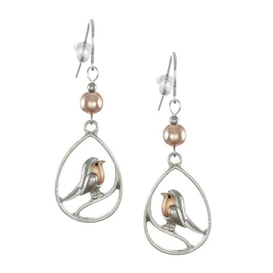 Silver Bird Branch Teardrop and Rose Gold Minimalist Beaded Dangle Earrings, Platinum Ear Wires
