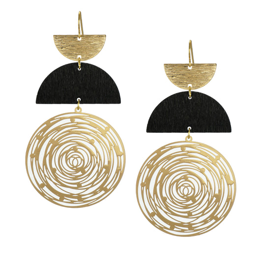 Large Black and Gold Boho Abstract Circle Hoop Statement Earrings, Nickel Free 18K Gold Hypoallergenic Earwires, Lightweight Gift for Her
