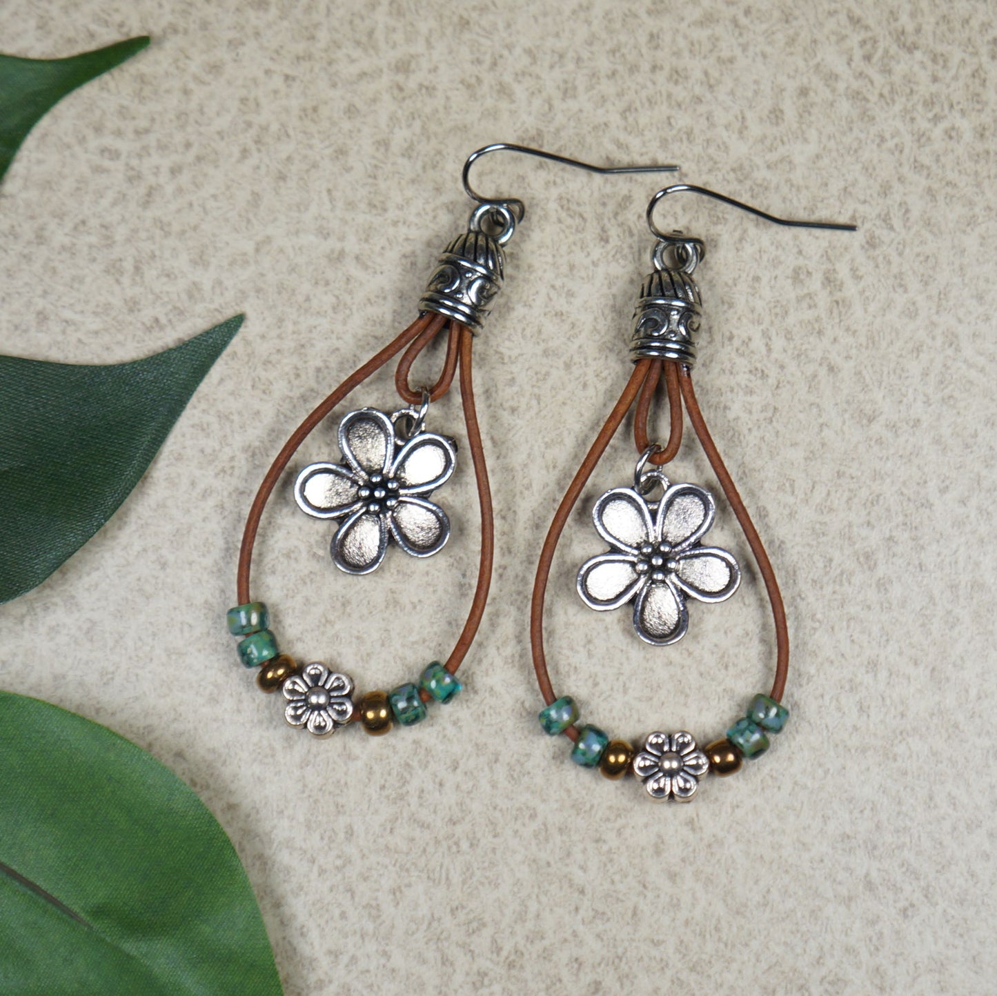 Tibetan Style Flower Seed Bead Southwest Style Leather Boho Statement Earrings, Platinum Ear Wires
