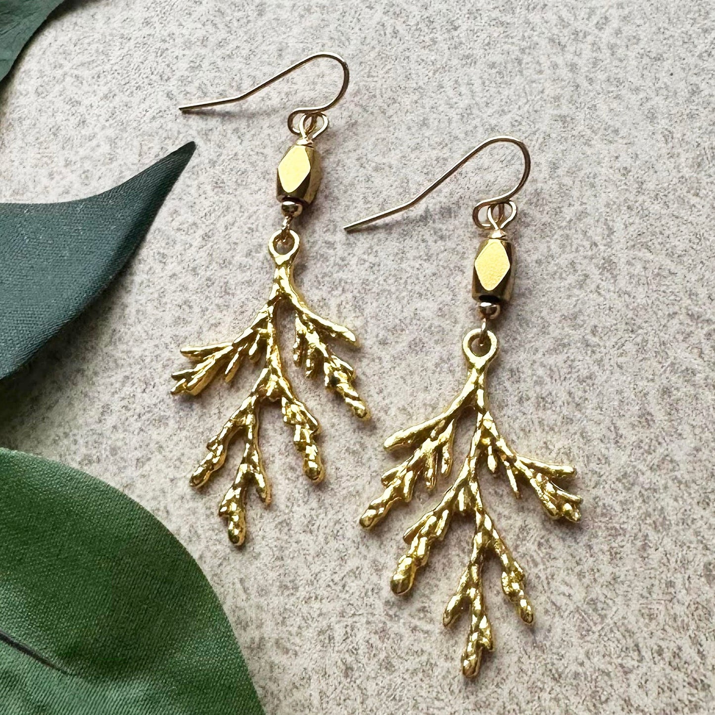 Gold Cedar Tree Branch Beaded Earrings, Juniper Spruce Twig Earrings, Modern Minimalist, Everyday Earrings, 18K Gold Ear Wires