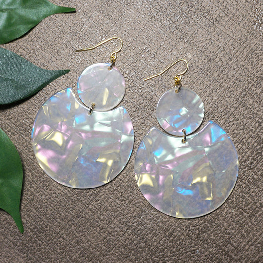 Fun Large Vibrant Iridescent Multi Color Clear Round Acrylic Lightweight Boho Statement Earrings, Hypoallergenic 18K Gold Ear Wires