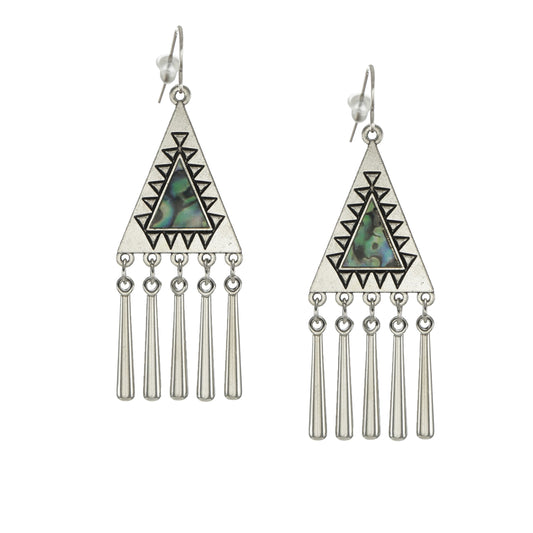 Silver Triangle Western Abalone Look Boho Statement Earrings, Platinum Wires