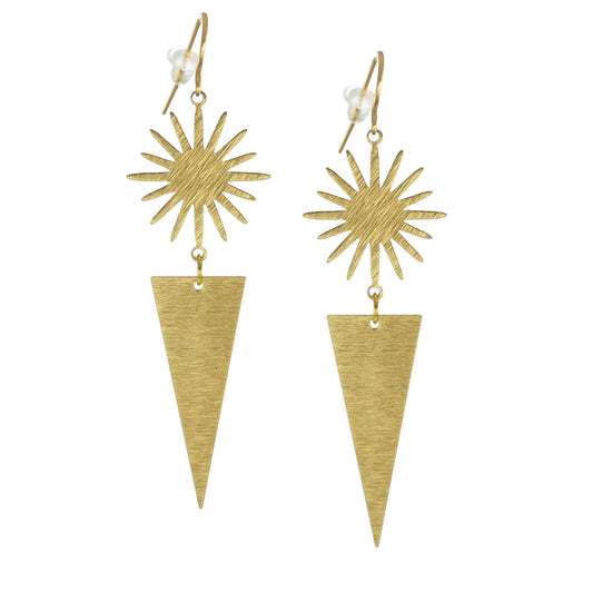 Celestial Brushed Gold Star Long Triangle Dangle Earrings, 18K Gold Ear Wires