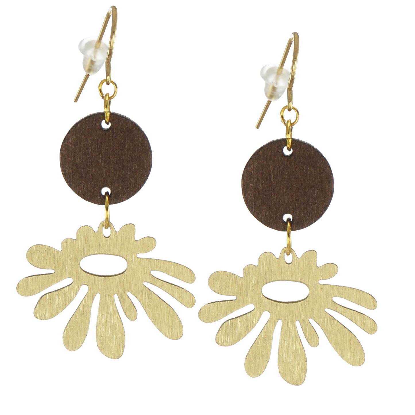 Funky Brushed Gold Abstract and Brown Wood Dangle Earrings, 18K Gold Ear Wires
