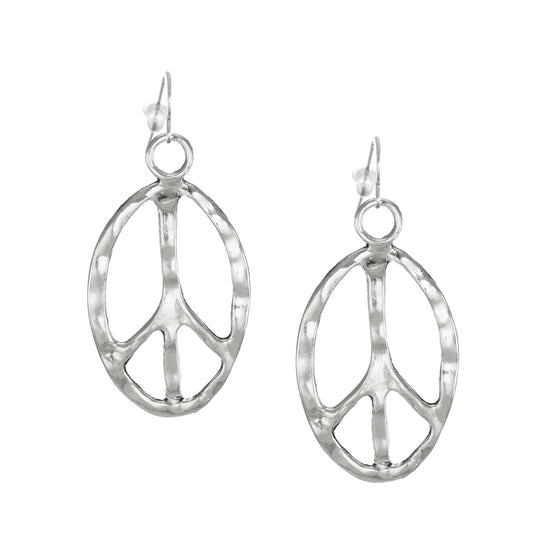 Beautiful Large Modern Shiny Hammered Pewter Peace Sign Statement Dangle Earrings, Platinum Ear Wires