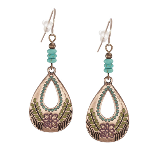 Boho Copper Flower Teardrop with Turquoise Gemstone Dangle Earrings, Hypoallergenic Rose Gold Ear Wires