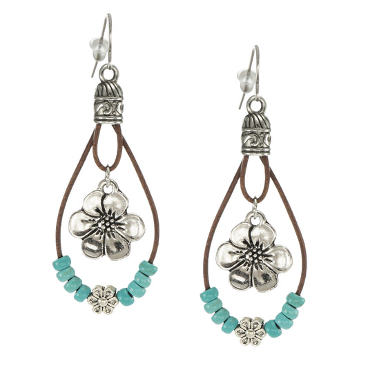 Tibetan Style Flower Seed Bead Southwest Style Leather Boho Statement Earrings, Platinum Ear Wires