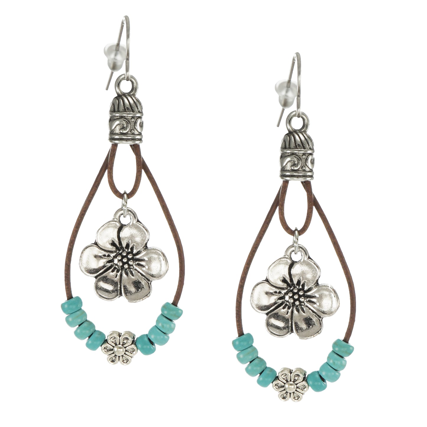 Western Inspired Leather Teardrop with Silver Flowers and Turquoise Color Accents, Hypoallergenic Platinum Ear Wires