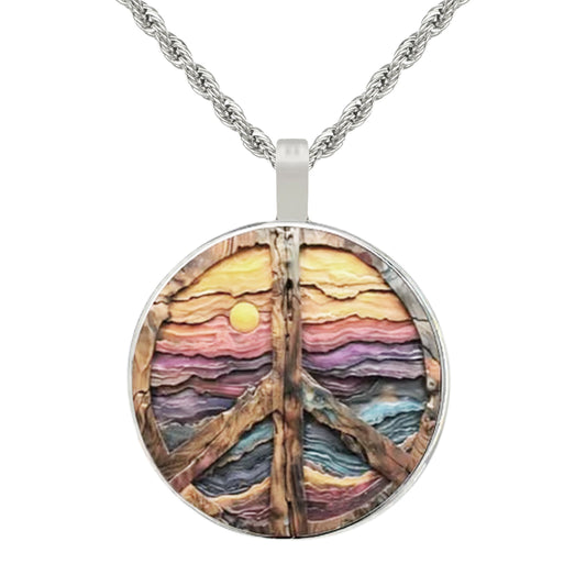 Intricate Highly Detailed Wood Look Peace Sign Pendant on Stainless Steel Rope Chain, 20 Inch