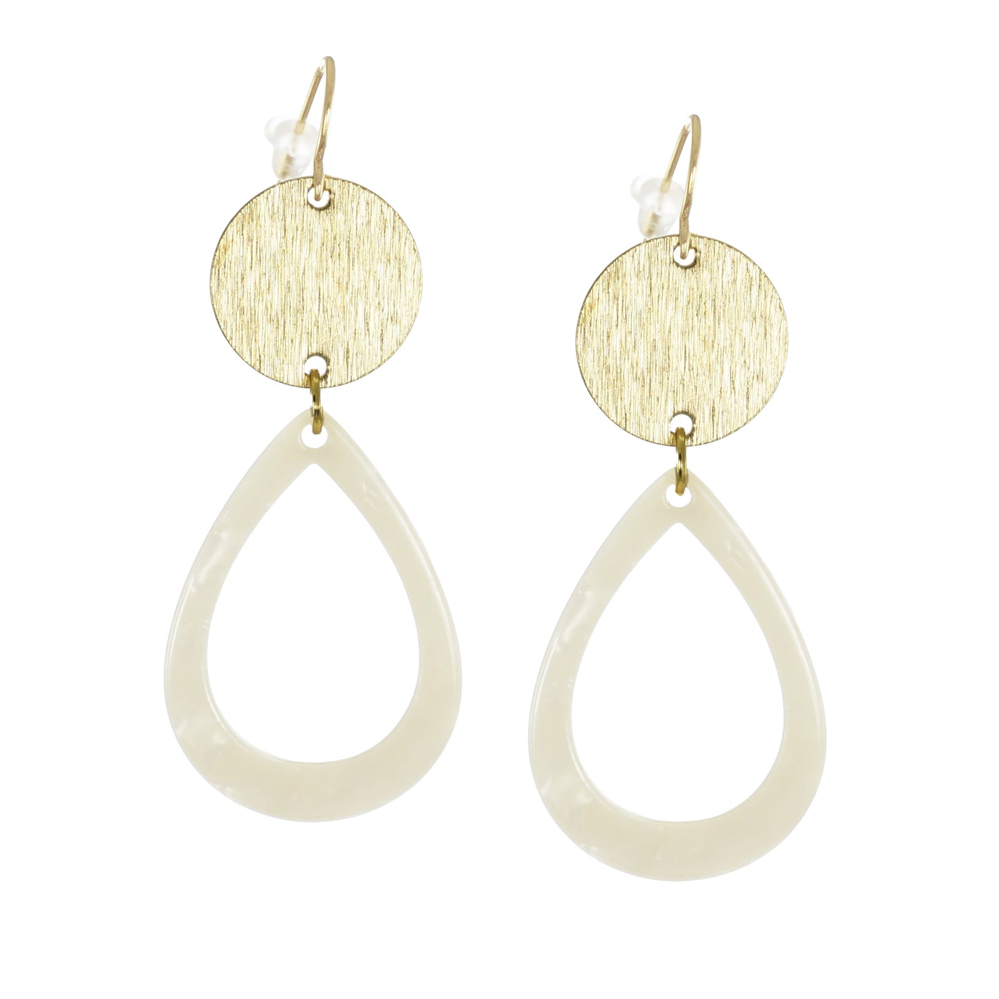 Acrylic Teardrop and Brushed Gold Coin Drop Minimalist Earrings, 18K Ear Wires