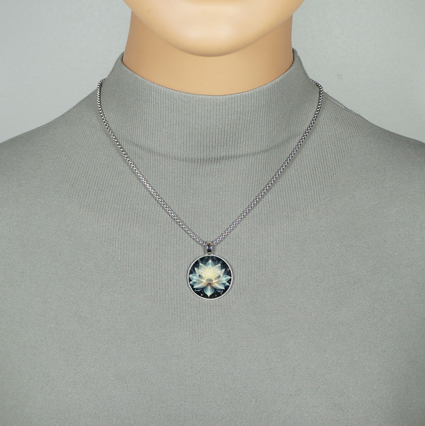 Small Lotus Flower Printed Pendant, Stainless Steel Chain Necklace, Length Choices, Feminine Gift for Her