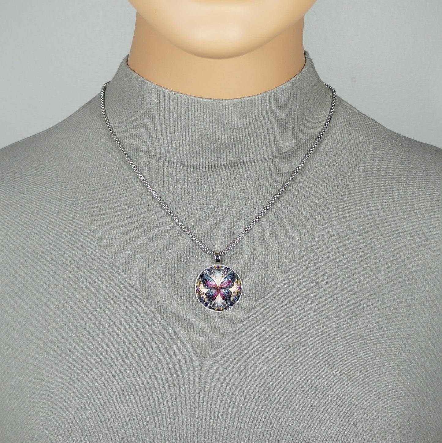 Intricate Highly Detailed Colorful Small Butterfly Printed Pendant, Stainless Steel Necklace, Length Choices, Gift for Her