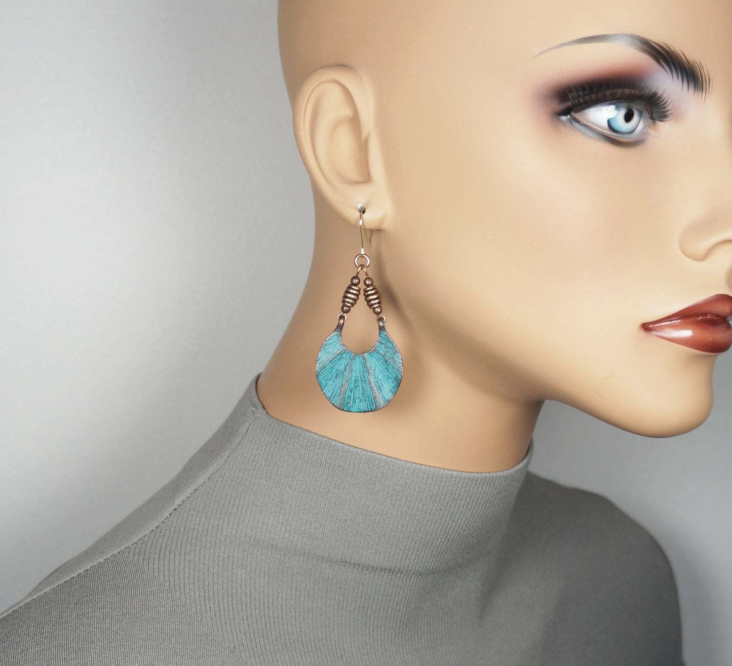 Unique Copper Patina Ethnic Rustic Boho Fan Shaped Statement Dangle Earrings – 18K Ear wires – Gift for Her