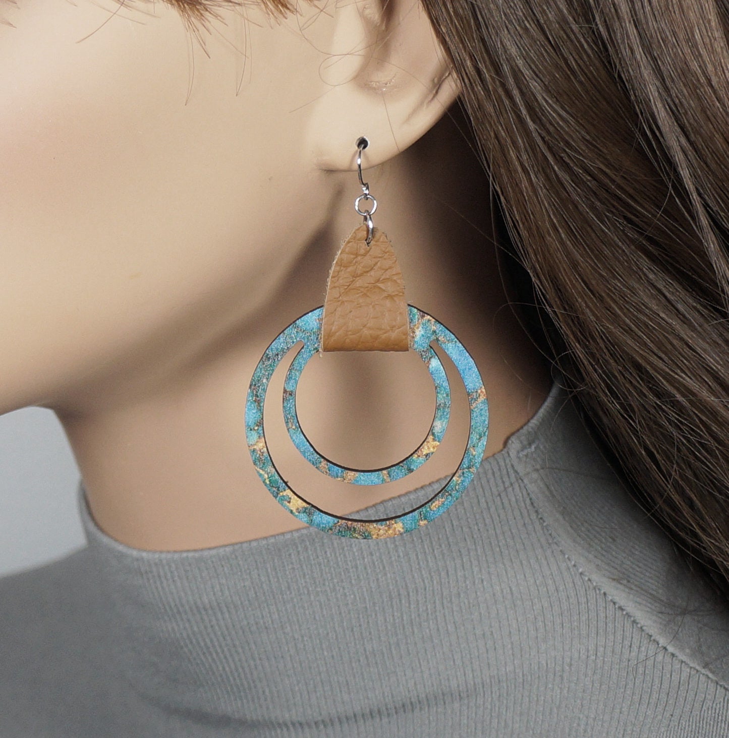 Lightweight Blue and Brown Vegan Leather Double Hoop Boho Statement Earrings, Hypoallergenic Platinum Ear Wires, Gift for Her