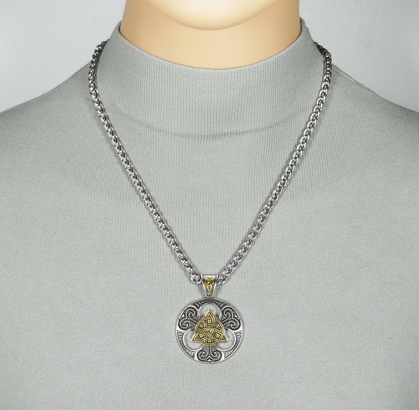 Masculine Gold & Silver Celtic Triquetra Trinity Knot Statement Pendant Necklace, Bold Thick Solid Stainless Steel Wheat Chain, 20 Inch, Gift for Him