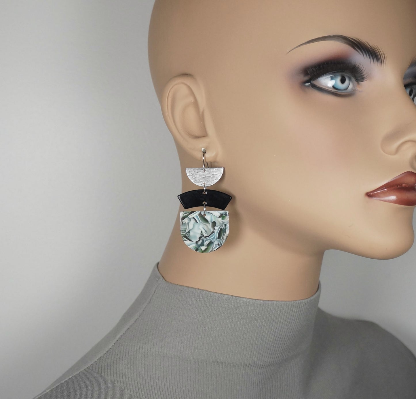 Green & Black Acrylic with Silver Boho Statement Earrings, Platinum Ear Wires