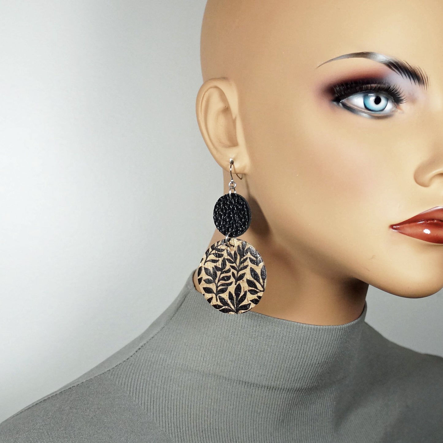 Beautiful Black Faux Leather and Tan Leaf Pattern Cork Drops Boho Statement  Earrings, Platinum Ear Wires, Gift for Her