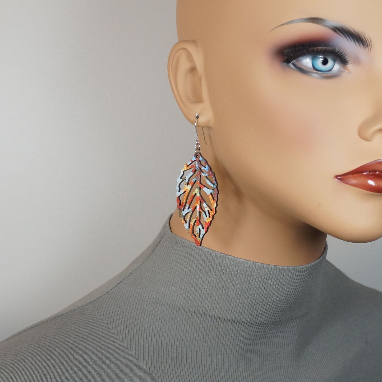 Beautiful Boho Multi Rainbow Color Wood Leaf Lightweight Statement Dangle Earrings, Hypoallergenic Platinum Ear Wires