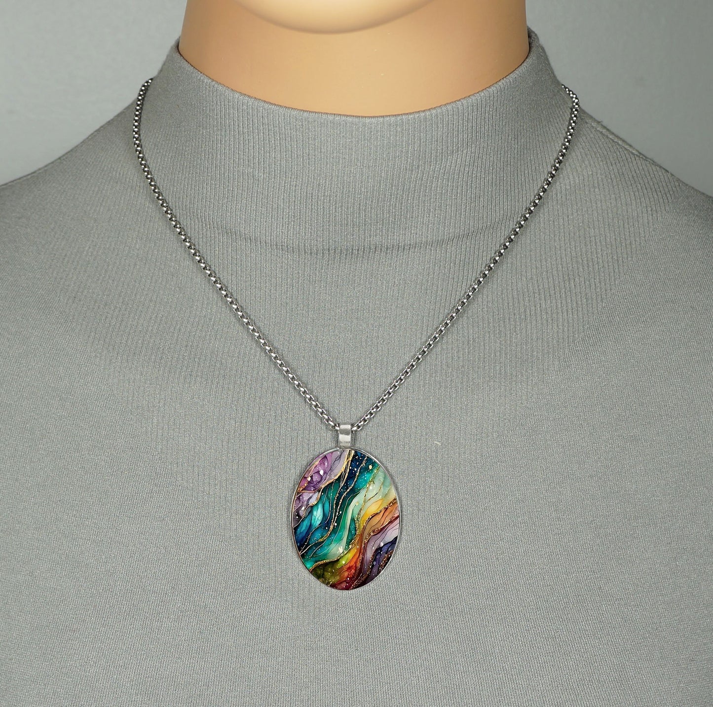Intricate Highly Detailed Oval Colorful Rainbow Pendant, Stainless Steel Necklace, Length Choices