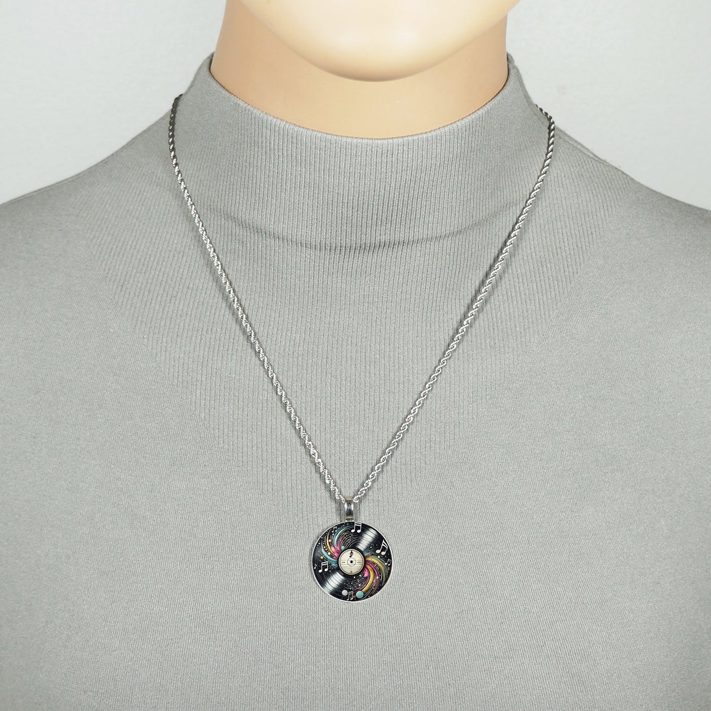 Intricate Highly Detailed Vinyl LP Record Pendant Necklace, Stainless Steel Rope Chain, 20 Inch, Gift for Him or Her