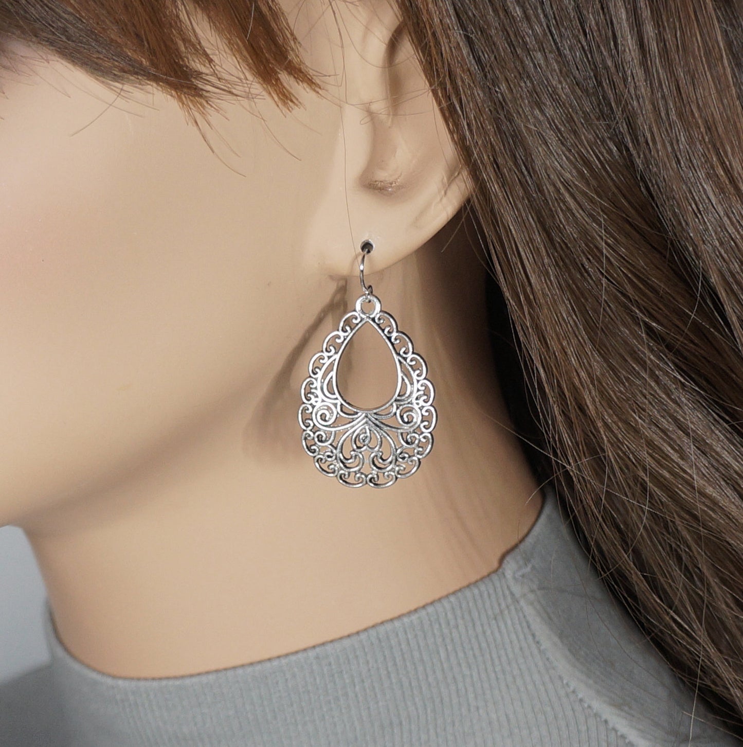 Antique Silver Filigree Teardrop Boho Droplet Dangle Earrings, Platinum Ear Wires, Gift for Her