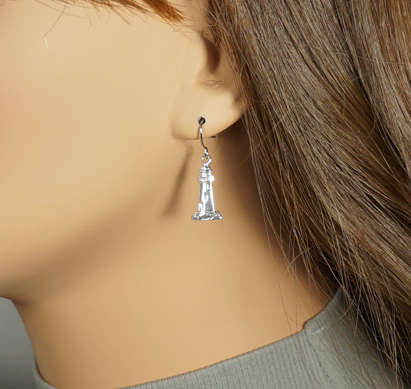 Small Sterling Silver Lighthouse Earrings, Hypoallergenic Platinum Ear Wires, Gift for Her