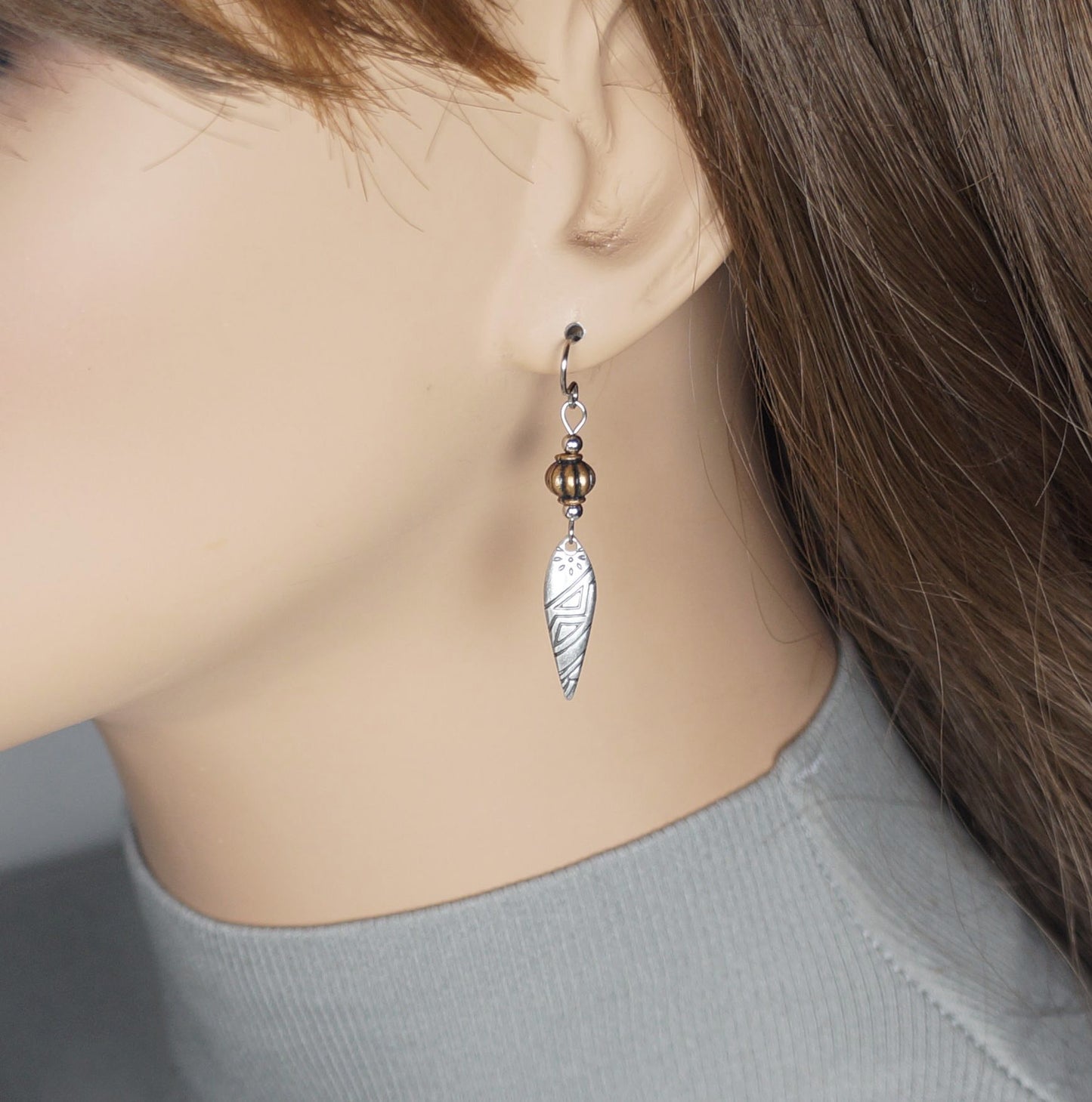 Silver and Copper Aztec Inspired Dainty Earrings, Hypoallergenic Platinum Ear Wires, Gift for Her