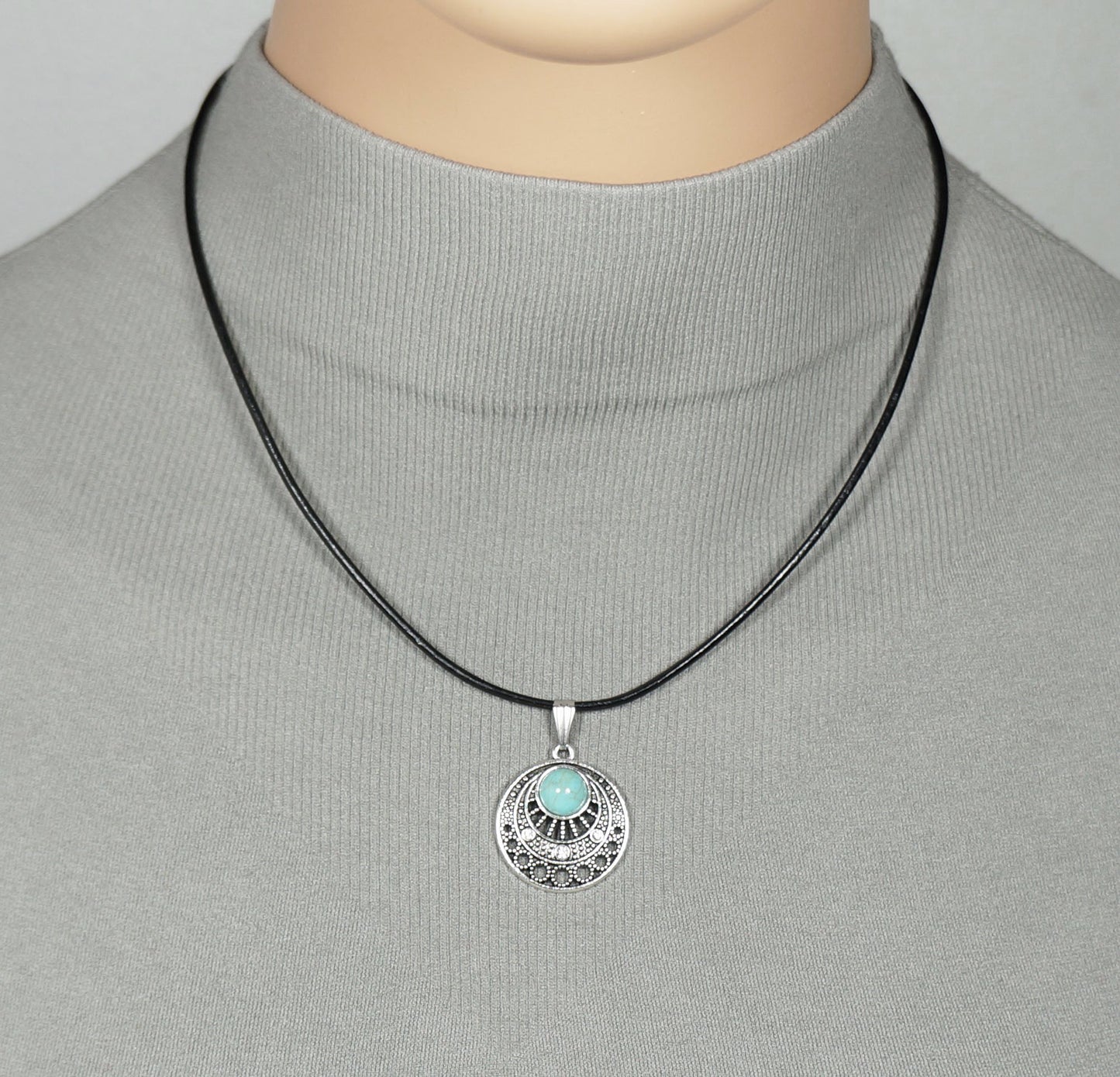 Boho Silver & Turquoise Pendant on Black Leather Cord, Length Choices