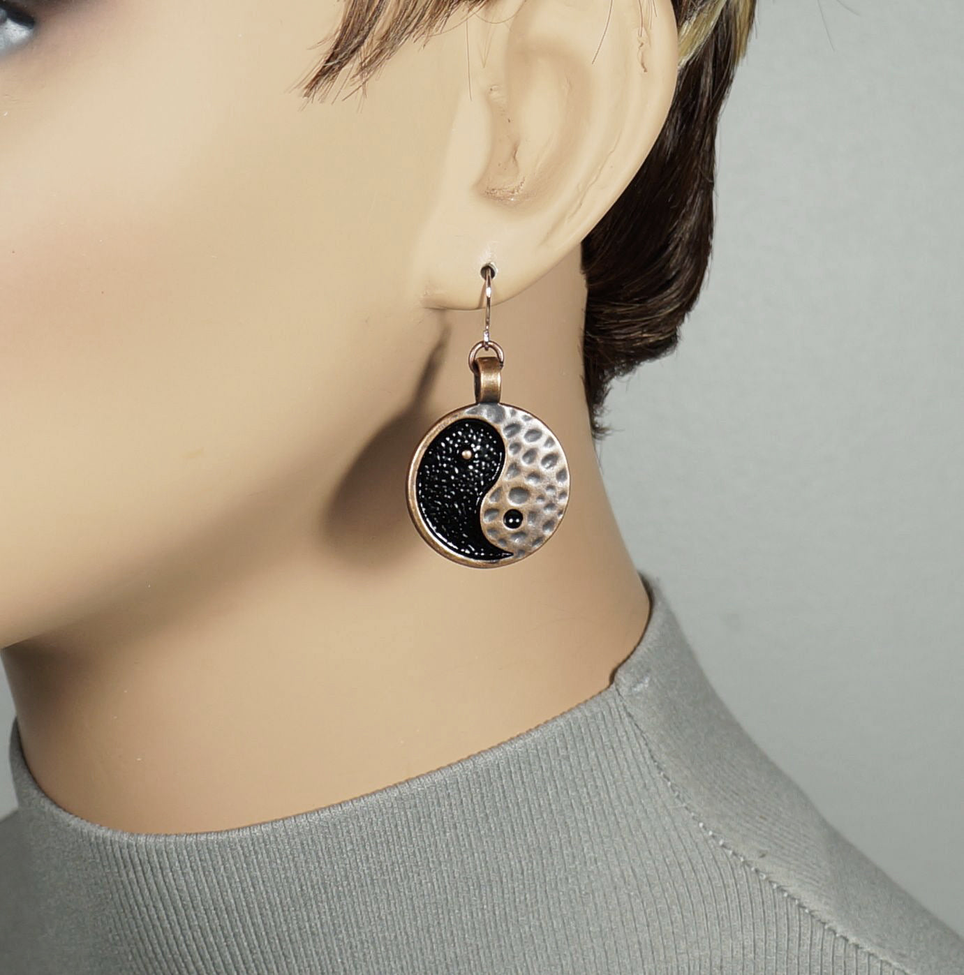 Yin Yang Dangle Earrings, Black and Hammered Copper, Hypoallergenic Rose Gold Ear Wires, Gift for Her