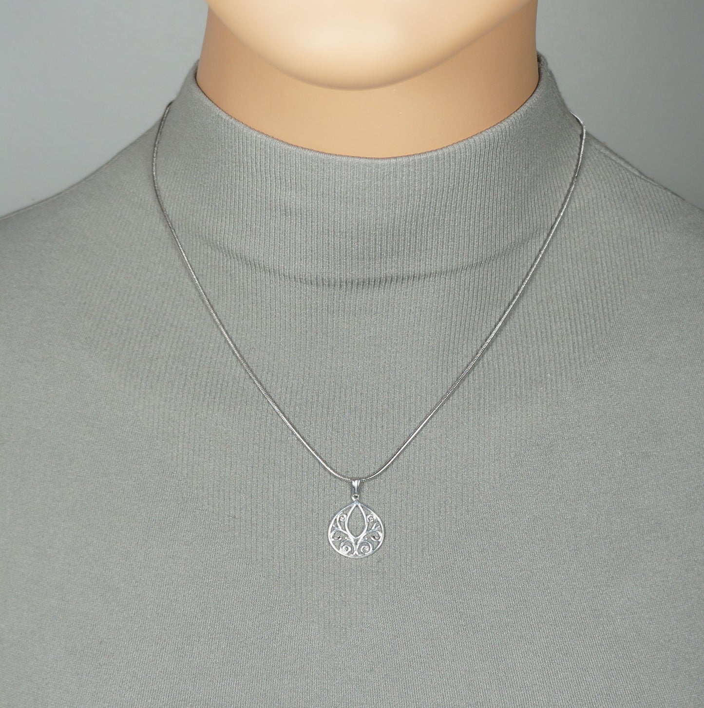 Small and Dainty Minimalist Sterling Filigree Teardrop Swirl Charm, Stainless Steel Snake Chain, Length Choices